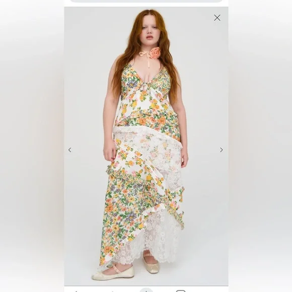 For Love And Lemons Floral The Rosalyn Maxi Marigold Green XL NEW